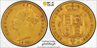 1877-M 1/2 Sov S-3863A Narrow Ribbon AU50