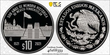2021-Mo 10 Peso Fall of Tenochtitlan 500th Ann. PR69DCAM
