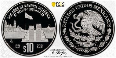 2021-Mo 10 Peso Fall of Tenochtitlan 500th Ann. PR69DCAM