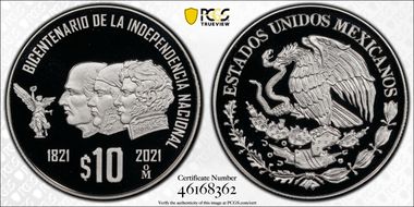 2021-Mo 10 Peso Independence Bicentenary PR70DCAM