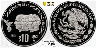 2021-Mo 10 Peso Independence Bicentenary PR70DCAM
