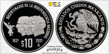 2021-Mo 10 Peso Independence Bicentenary PR69DCAM