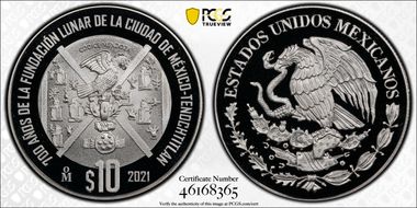 2021-Mo 10 Peso Foundation of Tenochtitlan 700th Anniversary PR70DCAM