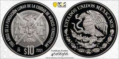 2021-Mo 10 Peso Foundation of Tenochtitlan 700th Anniversary PR70DCAM