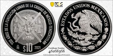 2021-Mo 10 Peso Foundation of Tenochtitlan 700th Anniversary PR70DCAM