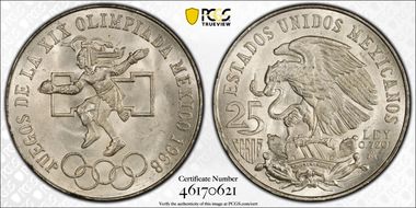 1968-Mo 25 Peso Olympic KM-479.3 Low Cntr ring, Curve Tongue MS64