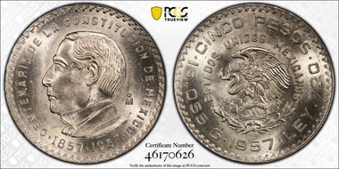 1957-Mo 5 Peso Constitution KM-470  Ag MS65