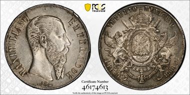 1866-Pi Peso Maximilian KM-388.2 Ag AU55