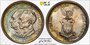 1936-M Peso Roosevelt-Quezon KM-177  Ag MS67