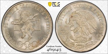 1968-Mo 25 Peso Olympic KM-479.1 Rings Align, Straight Tongue MS66