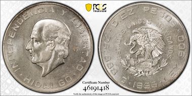 1955-Mo 10 Peso Hidalgo KM-474  Ag MS64