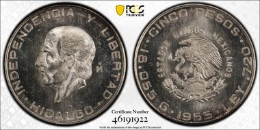 1955-Mo 5 Peso KM-469  Ag MS64