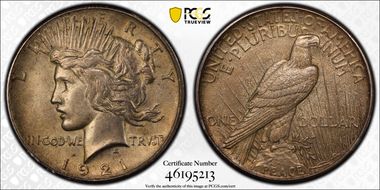 1921 $1 High Relief, Peace AU58