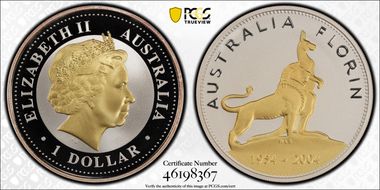 2004 $1 Royal Visit Florin Selective Gilt PR70DCAM