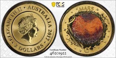 2017 $2 Planetary Coins Mars Colorized MS70