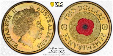 2018 $2 Remembrance Day Red Poppy 30th Ann. $2 Coin Colorized MS67