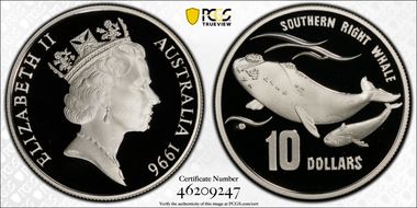 1996 $10 Southern Right Whale PR70DCAM