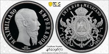 "1867" Mo "Peso" Maximilian Modern Restrike 25mm PR69DCAM