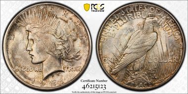1921 $1 High Relief, Peace MS64