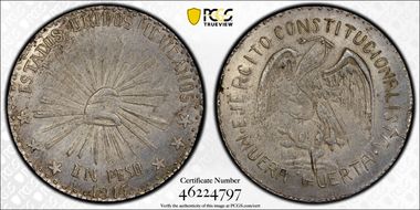 1914 Peso KM-620, Six-Star "Muera Huerta" MS62