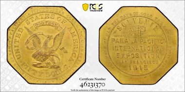 1915 SC$1 HK-424 Gilt Bronze Panama Pacific Expo MS63
