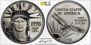 1998 $50 Statue of Liberty Mint Engravers Series Mercanti Flag Signature MS70