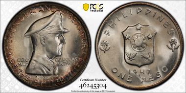 1947-S Peso Douglas MacArthur KM-185  Ag MS66