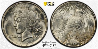 1921 $1 High Relief, Peace MS63