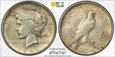 1921 $1 High Relief, Peace AU58