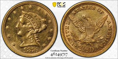 1876 $2.50 AU58