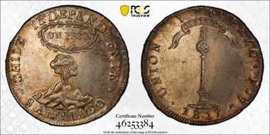 1817-FJ Peso Santiago KM-82.2  Ag MS62