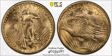 1908 $20 No Motto MS64