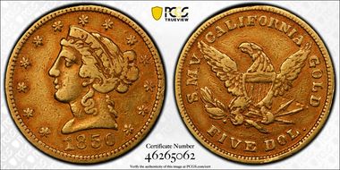 1850 $5 Moffat & Co. VF30