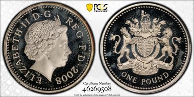 2008 £1 S-J13 Royal Arms Design Ag PR67DCAM