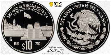 2021-Mo 10 Peso Fall of Tenochtitlan 500th Ann. PR70DCAM