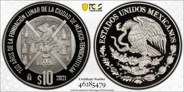 2021-Mo 10 Peso Foundation of Tenochtitlan 700th Anniversary PR69DCAM