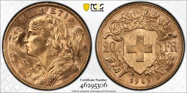 1949 B 20 Fr KM-35.2  Au MS64