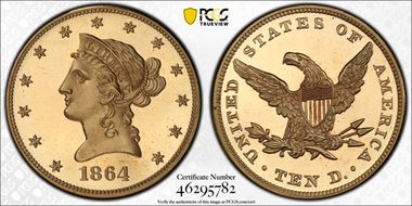 1864 $10 PR65+ DCAM