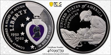 2022-W $1 National Purple Heart Hall of Honor Colorized First Strike PR70DCAM