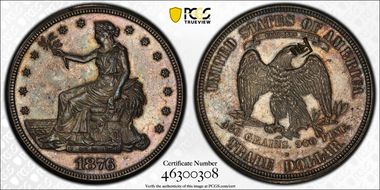 1876-S T$1 Type-II/II, Chopmarked AU58