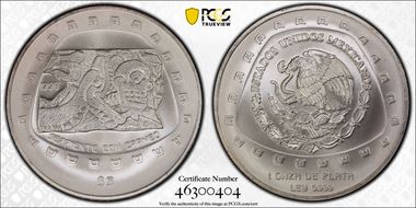 1998-Mo 5 Peso Serpiente con Craneo KM-666 Ag MS69