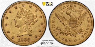 1866 $10 Motto AU53