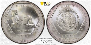 1994-Mo 5 Peso Chaac Mool  KM-574  Ag MS67