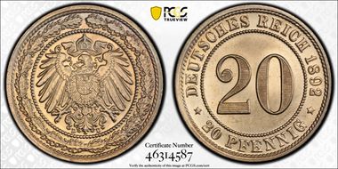 1892-D 20 Pfg J-14 MS67