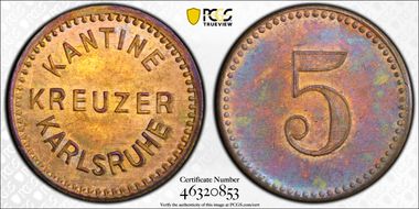 No Date Tk 5 Pfg Menzel-38161.1 Brass  Kreuzer Karlsruhe MS63