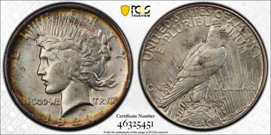 1921 $1 High Relief, Peace AU58+