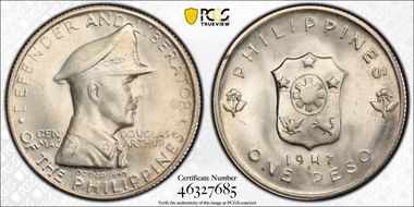 1947-S Peso KM-185, MacArthur MS65