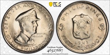 1947-S 50C Douglas MacArthur KM-184  Ag MS65