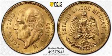 1955-M 5 Peso KM-464  Au MS66