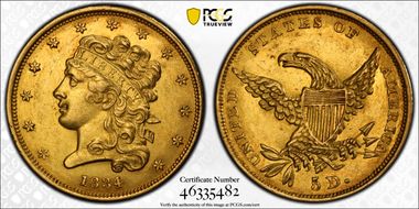 1834 $5 Classic Head, Plain 4 AU55